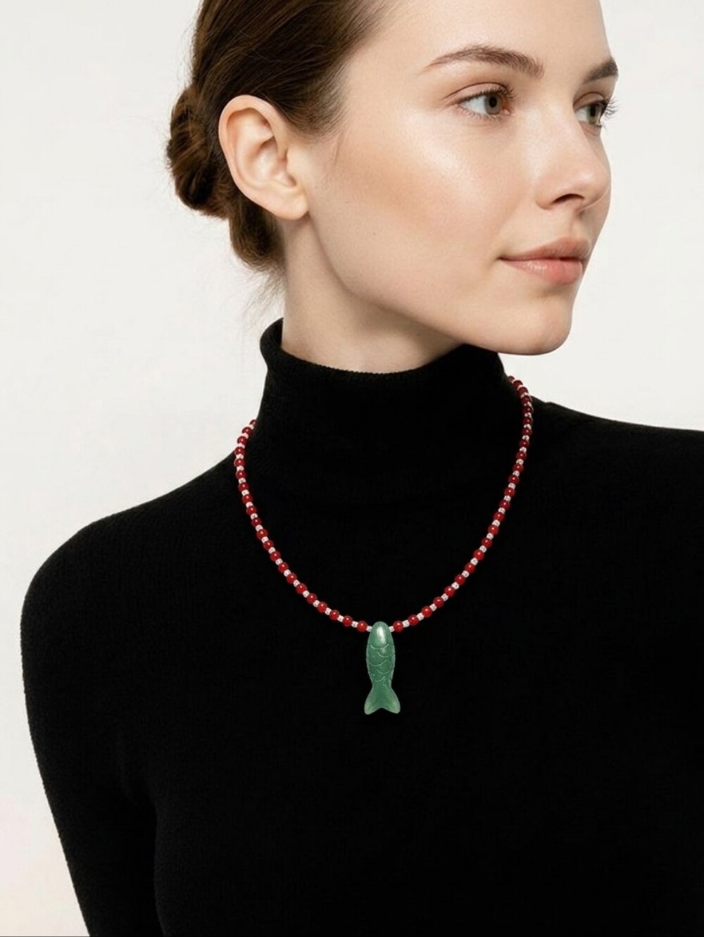 Mayamar Red Agate with Green Jade Fish Pendant Necklace & Gift Bag